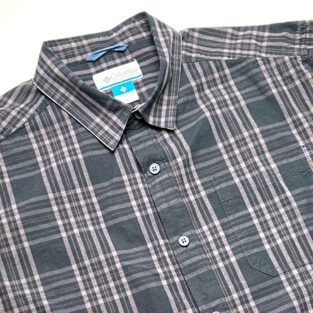 Columbia Mens Long Sleeve Cotton Button Down Shirt Grey Brown Plaid Size L